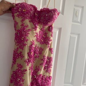 Pink and nude lace strapless high low gown